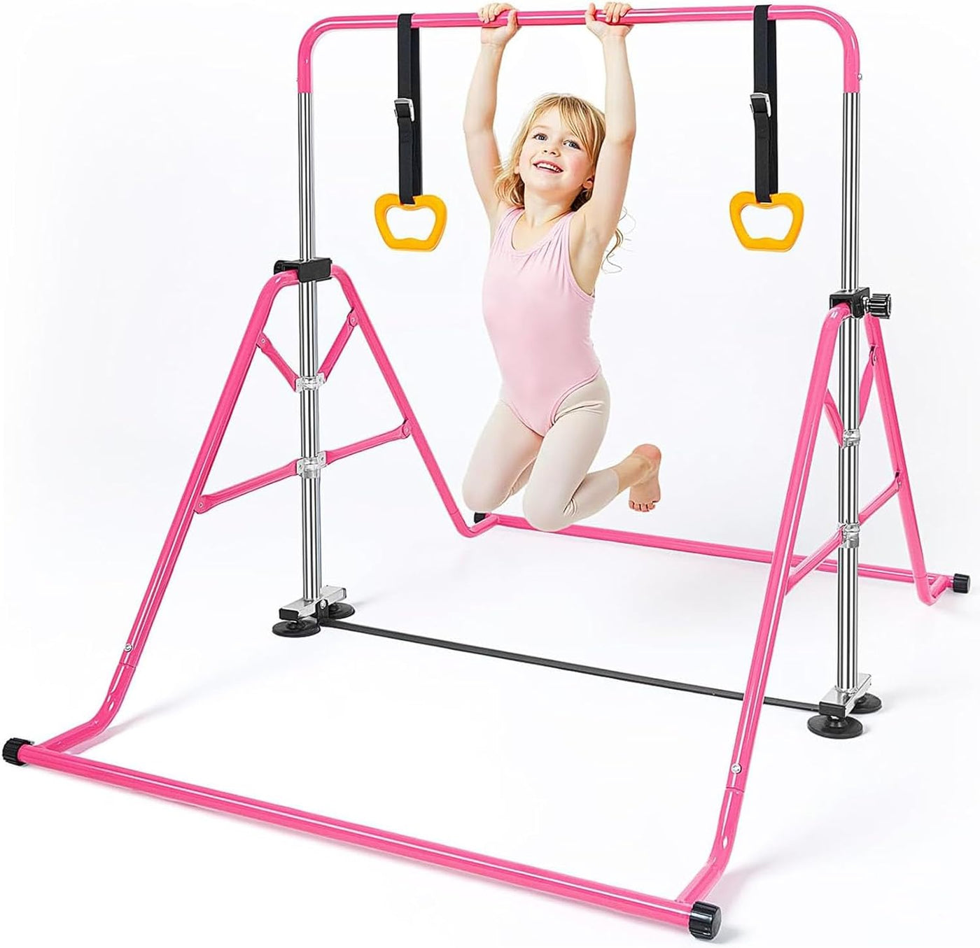 Kids Gymnastics Horizontal Bar Adjustable Foldable With Rings Indoor Outdoor