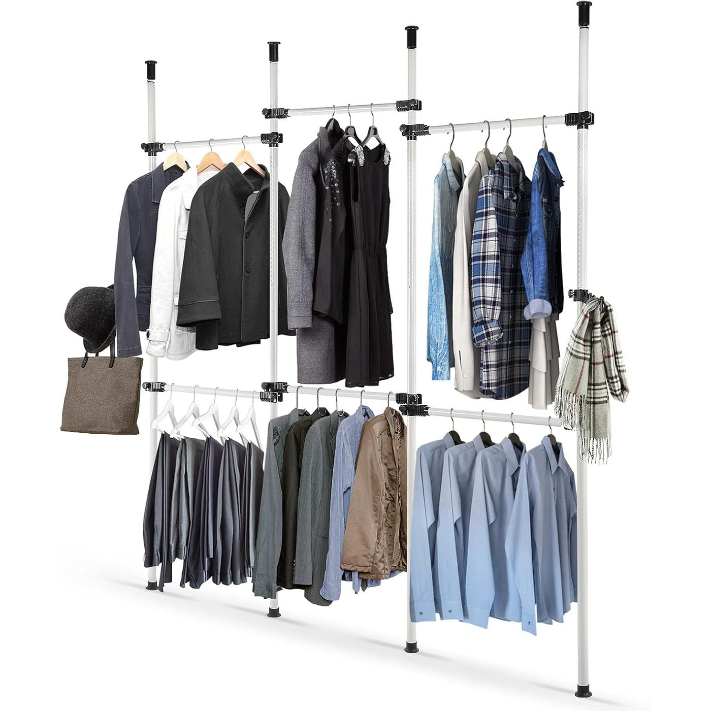 Clothing rack with various clothes on a white background