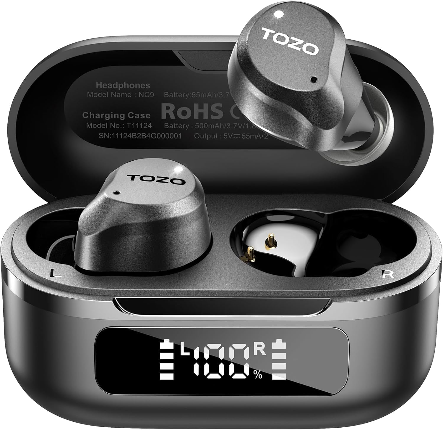 True wireless earbuds with charging case displaying TOZO branding on a white background.