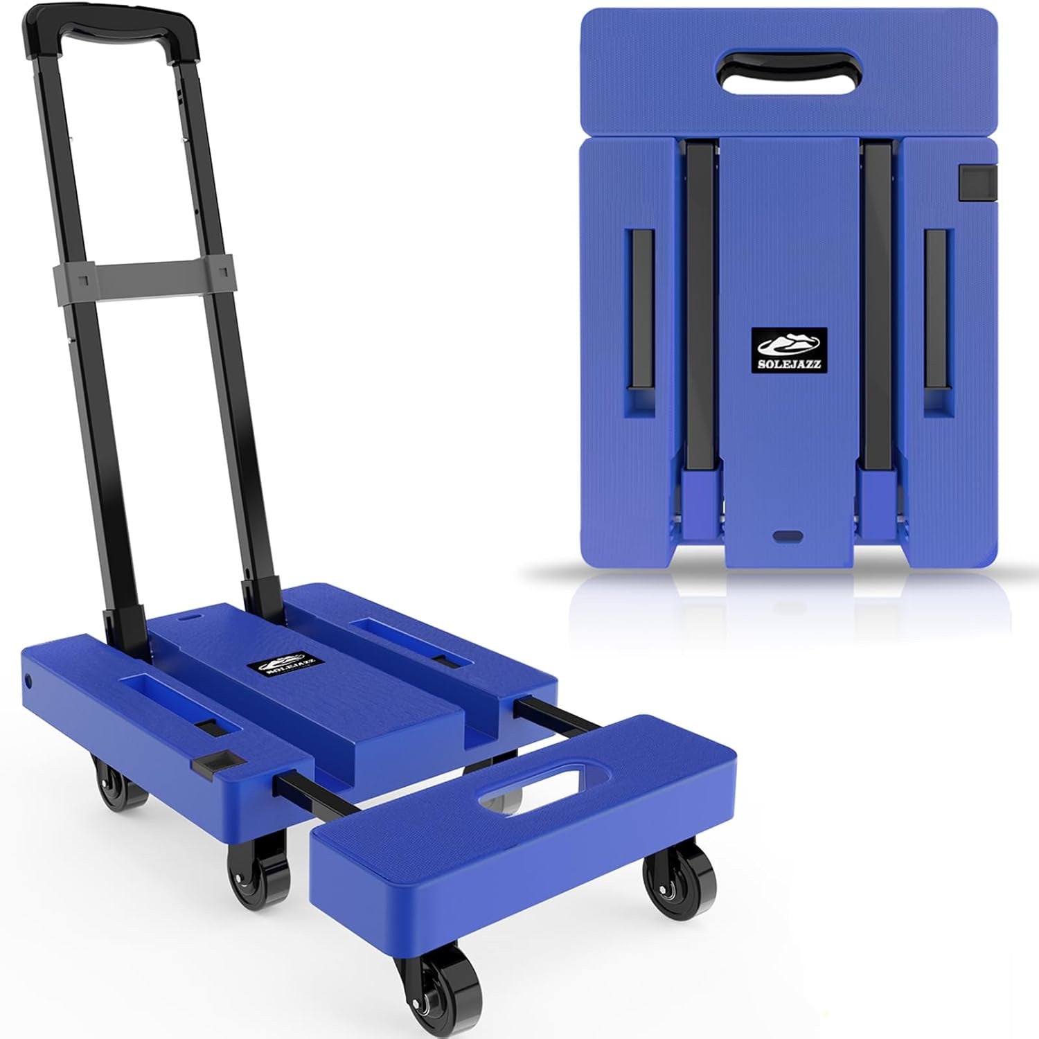 Blue folding dolly with handle on a white background