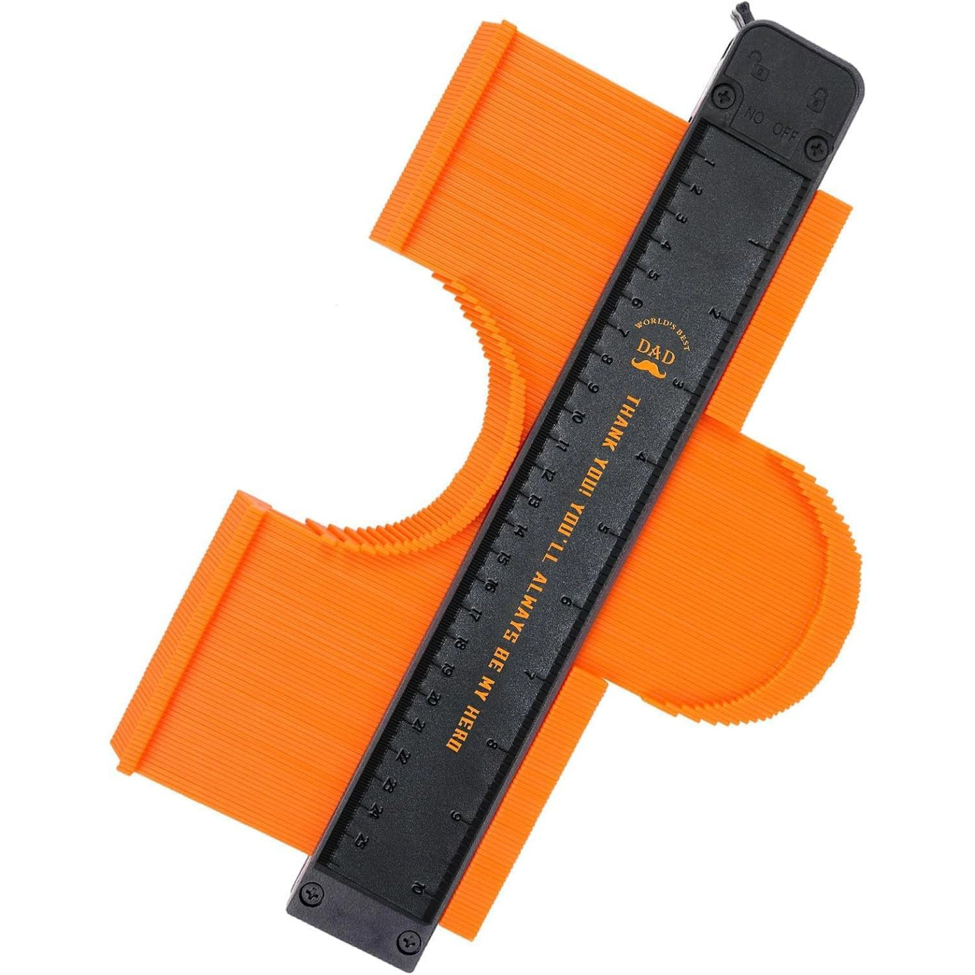 Black measuring tool with orange plastic components on a white background