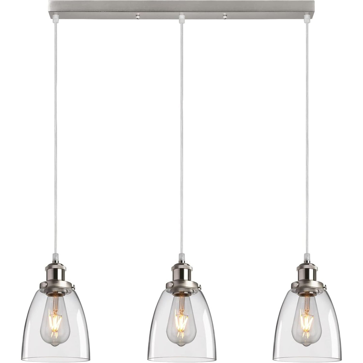 Three pendant lights with clear glass shades on a white background