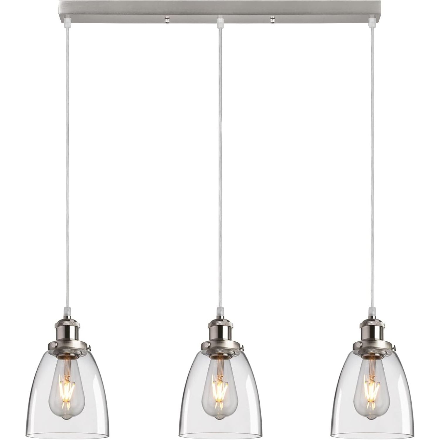Three pendant lights with clear glass shades on a white background
