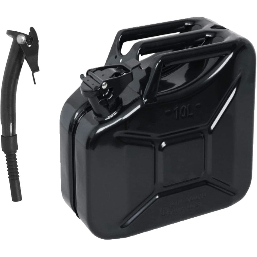 10L Black Metal Jerry Can + Black Spout - Fuel Storage Container, Petrol Diesel