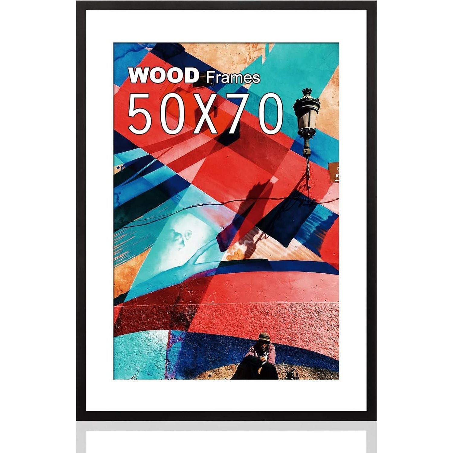 Framed artwork with abstract design and 'Wood Frames 50x70' text.