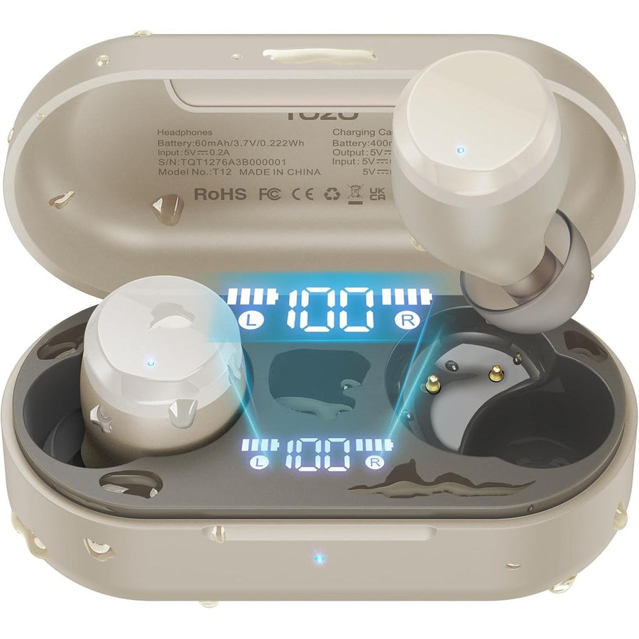 Wireless earbuds in a charging case with a digital display on a white background