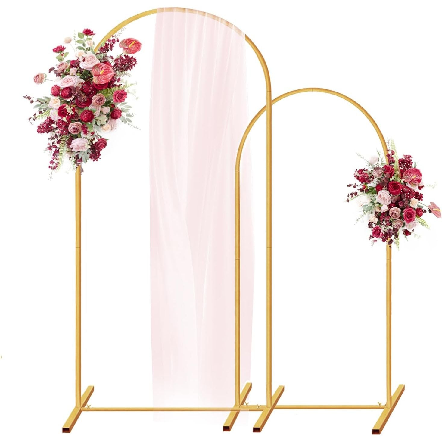 Gold arch with floral decorations and a pink fabric backdrop on a white background