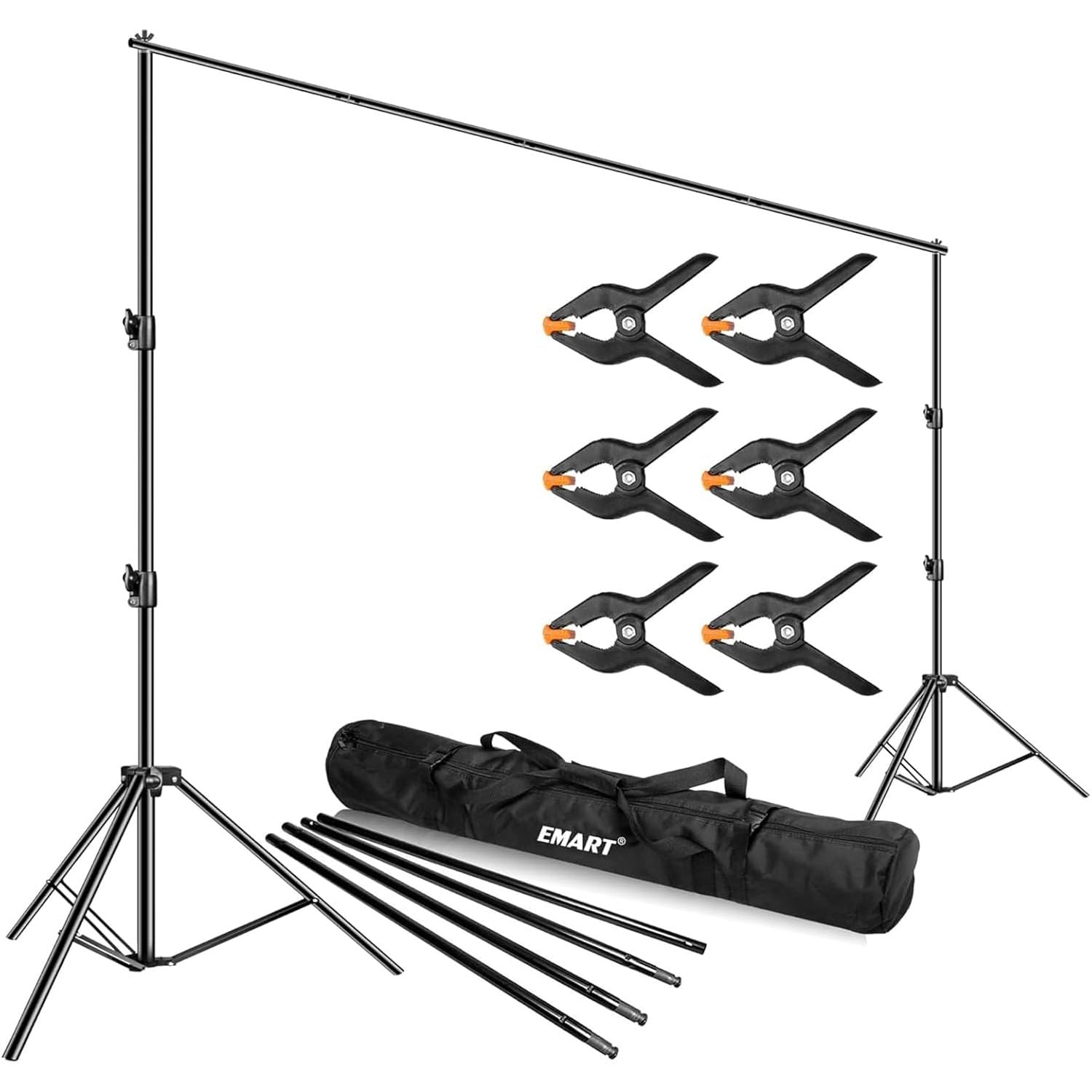 EMART brand photography backdrop stand kit, including adjustable support stands, cross bars, heavy-duty spring clamps, and a carrying bag, all in black color.