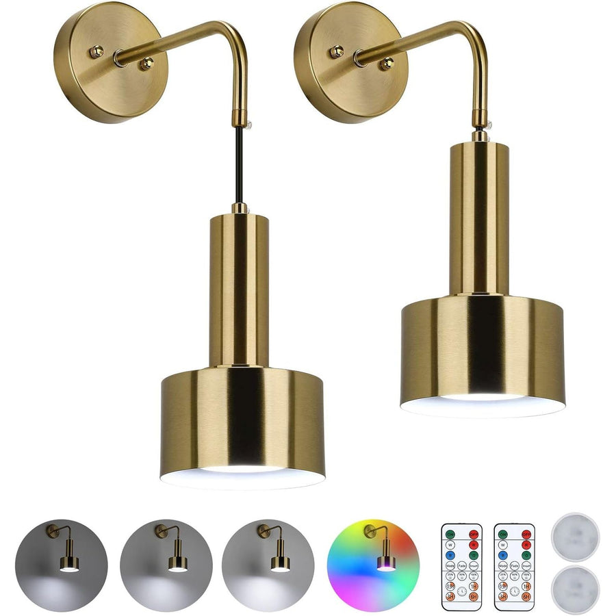 Two gold wall sconces with RGB light options and remote controls on a white background.