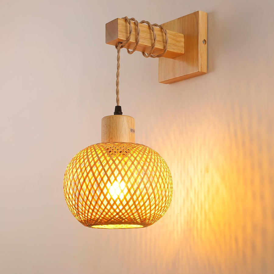 Schindora Boho Bamboo Wall Light – Handwoven E27 Lamp Shade