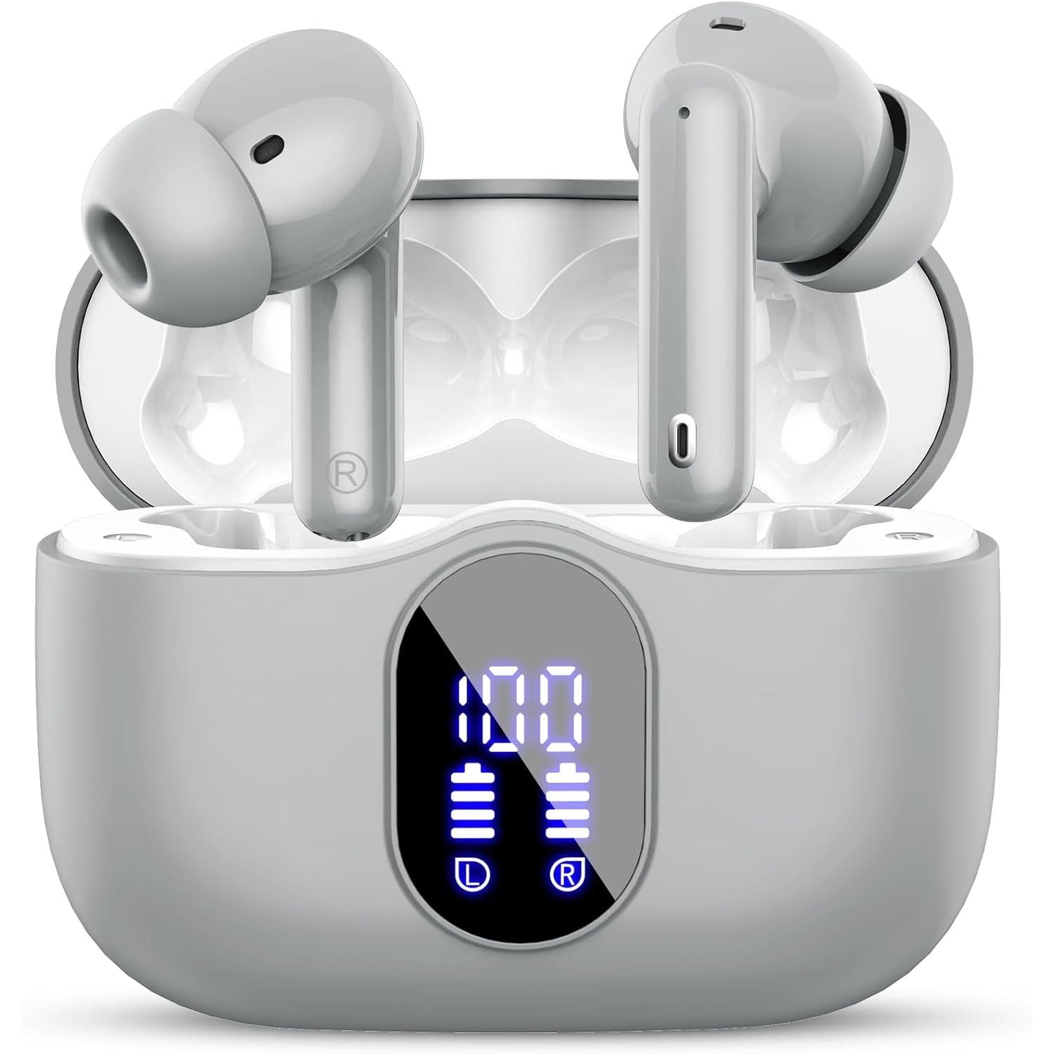 Wireless earbuds with charging case on a white background