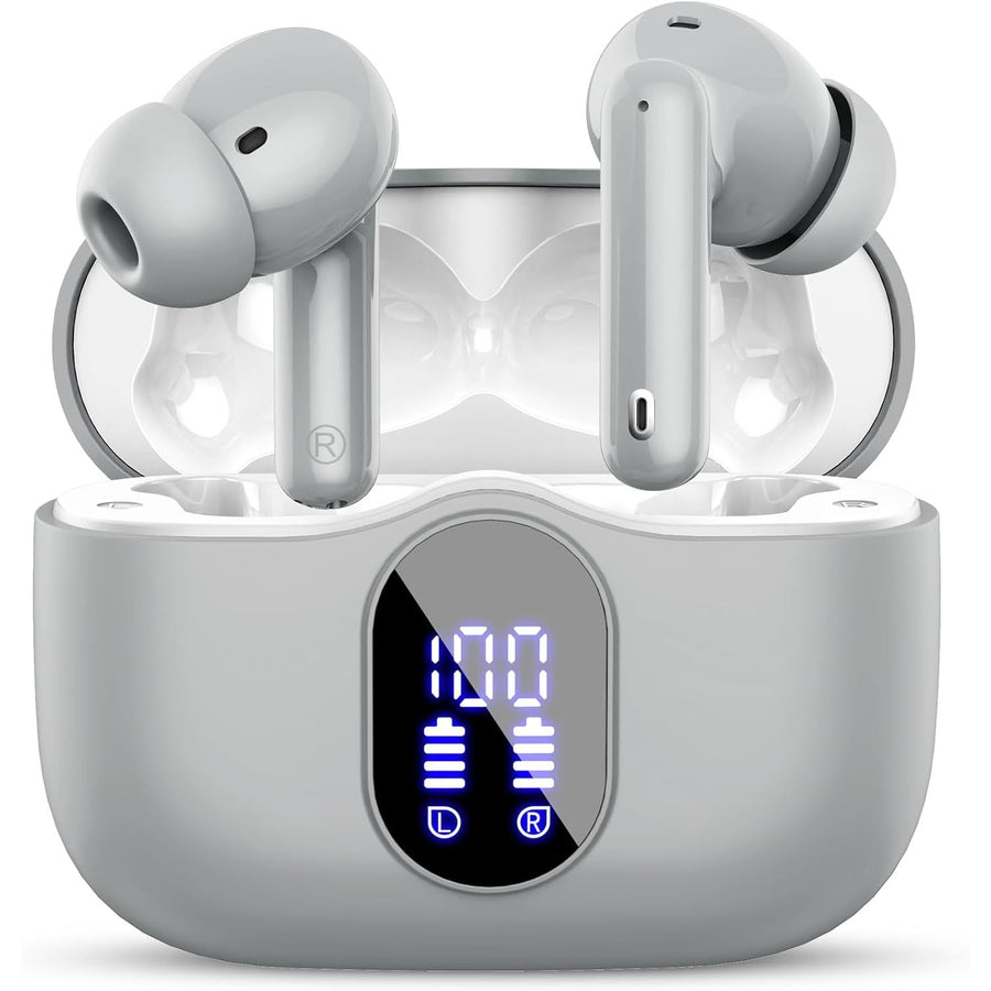 Wireless earbuds with charging case on a white background