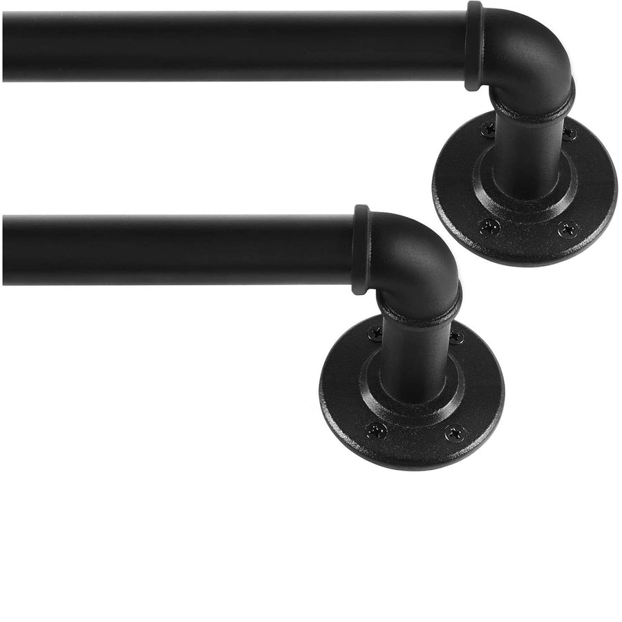 Two black metal curtain rods with decorative brackets on a white background
