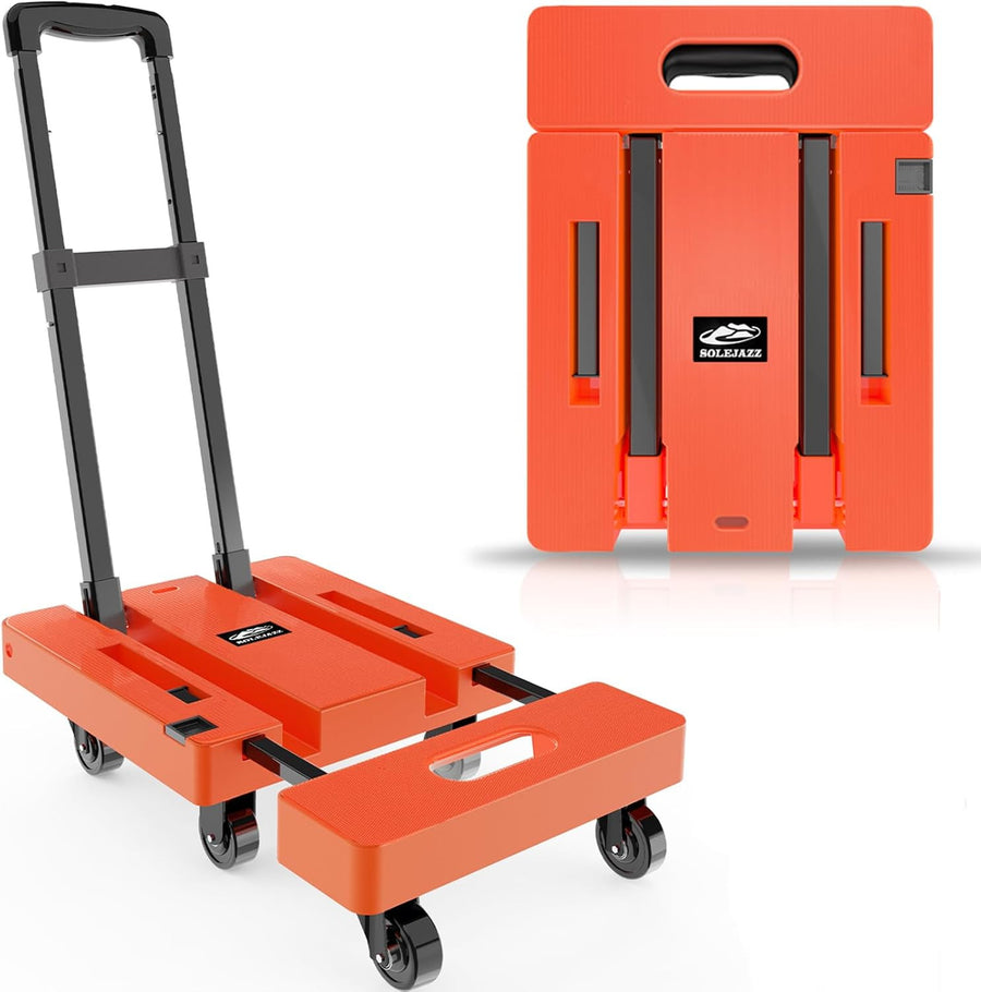 Orange folding dolly with handle on a white background