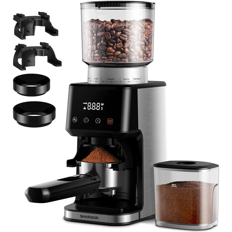 Coffee grinder with attachments and ground coffee on a white background