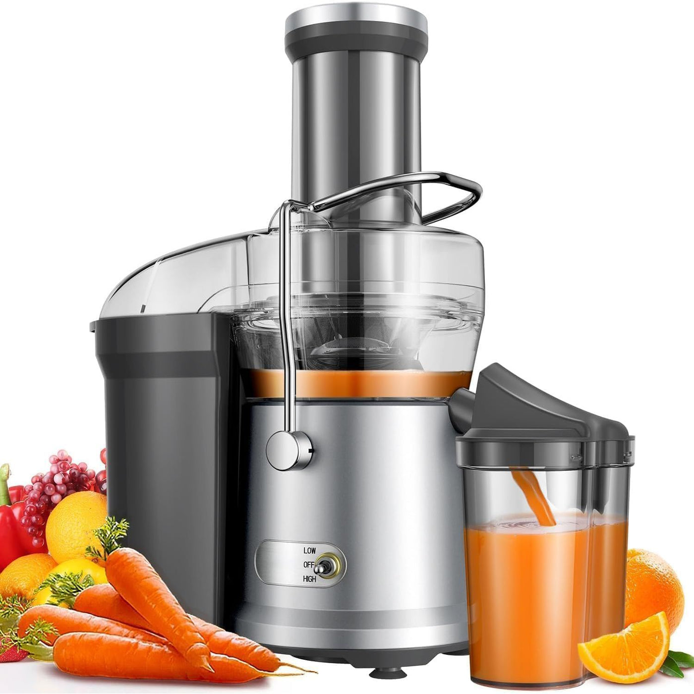 Juicer with fresh fruits and vegetables on a white background