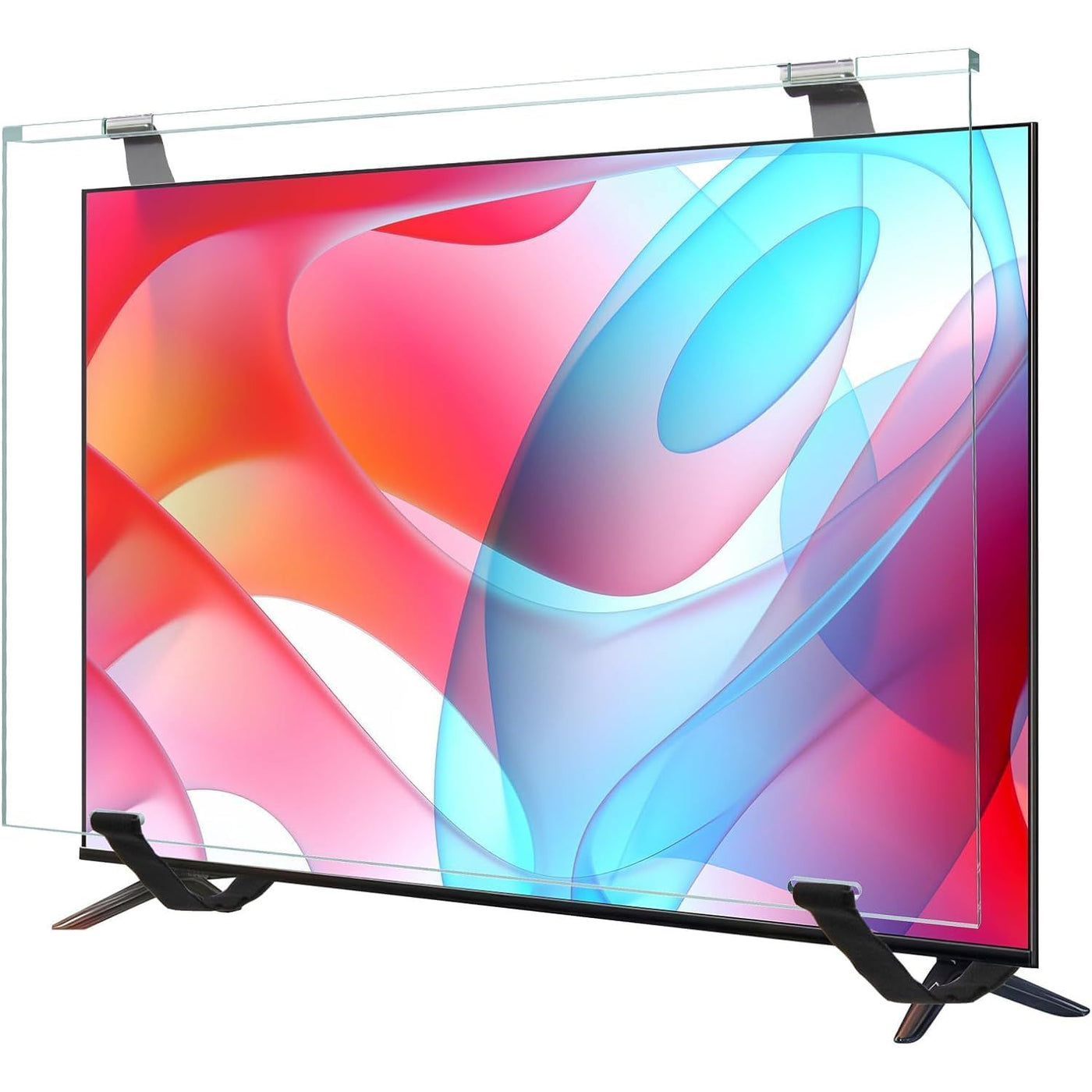 TV screen with a colorful abstract design and a protective glass screen cover.