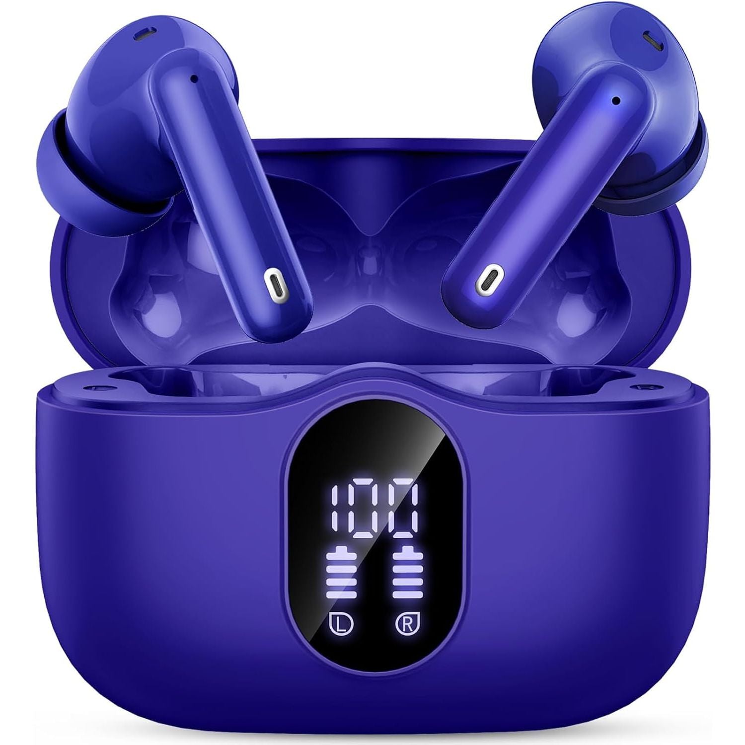 Blue wireless earbuds with charging case on a white background