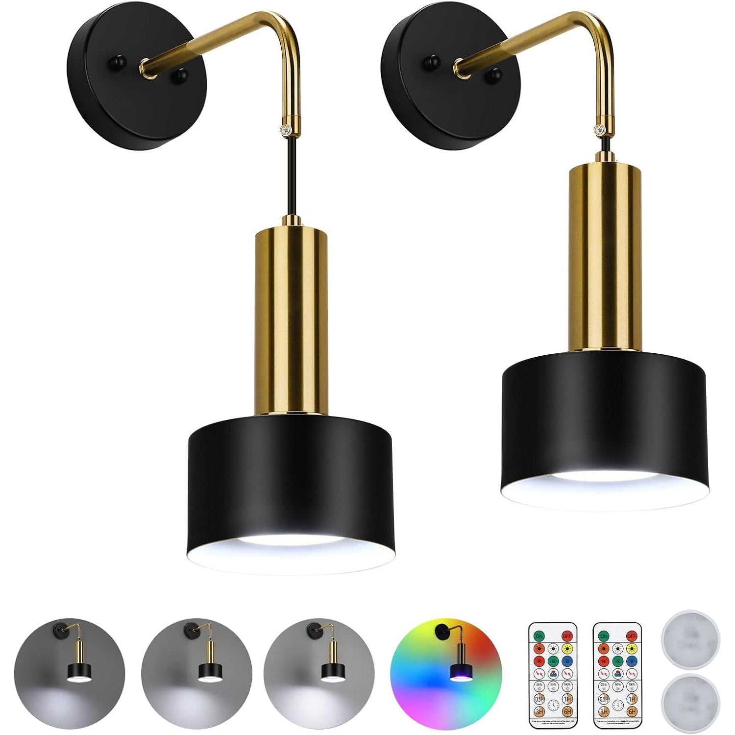 Lightsjoy 2 Pack Rechargeable RGB Wall Lights with Remote, Dimmable, Black