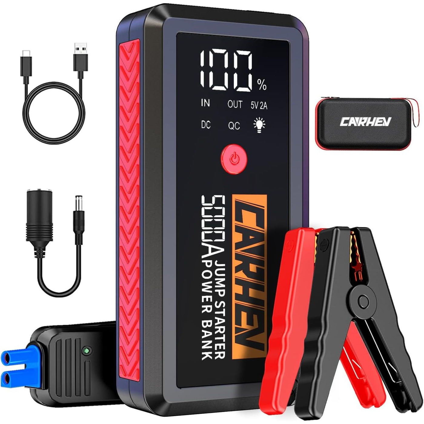 CARHEV 5000A Portable Jump Starter for 12V Cars USB Quick Charge, LED Flashlight - Massive Discounts