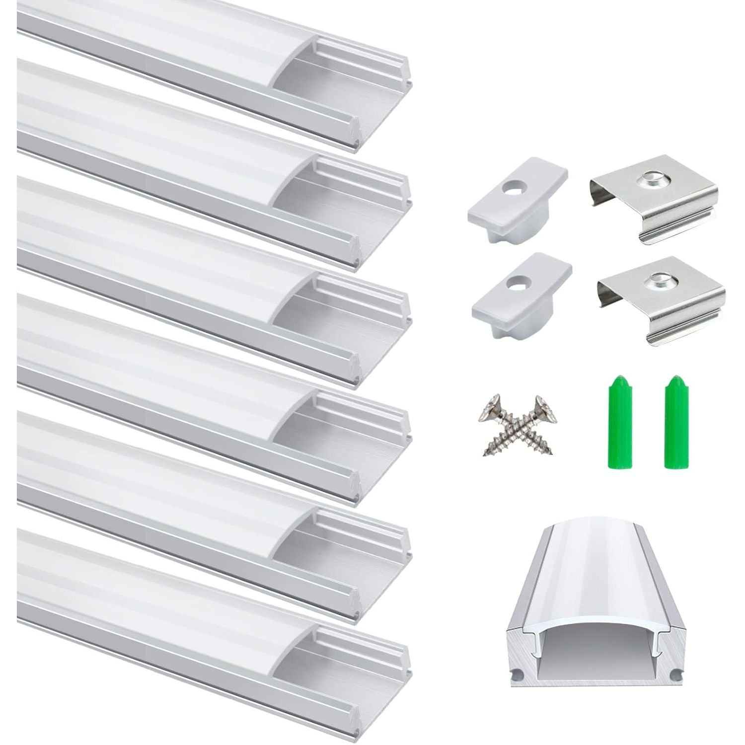 LightingWill LED Aluminum Channel 6-Pack, 3.3ft U-Shape, Silver with Accessories