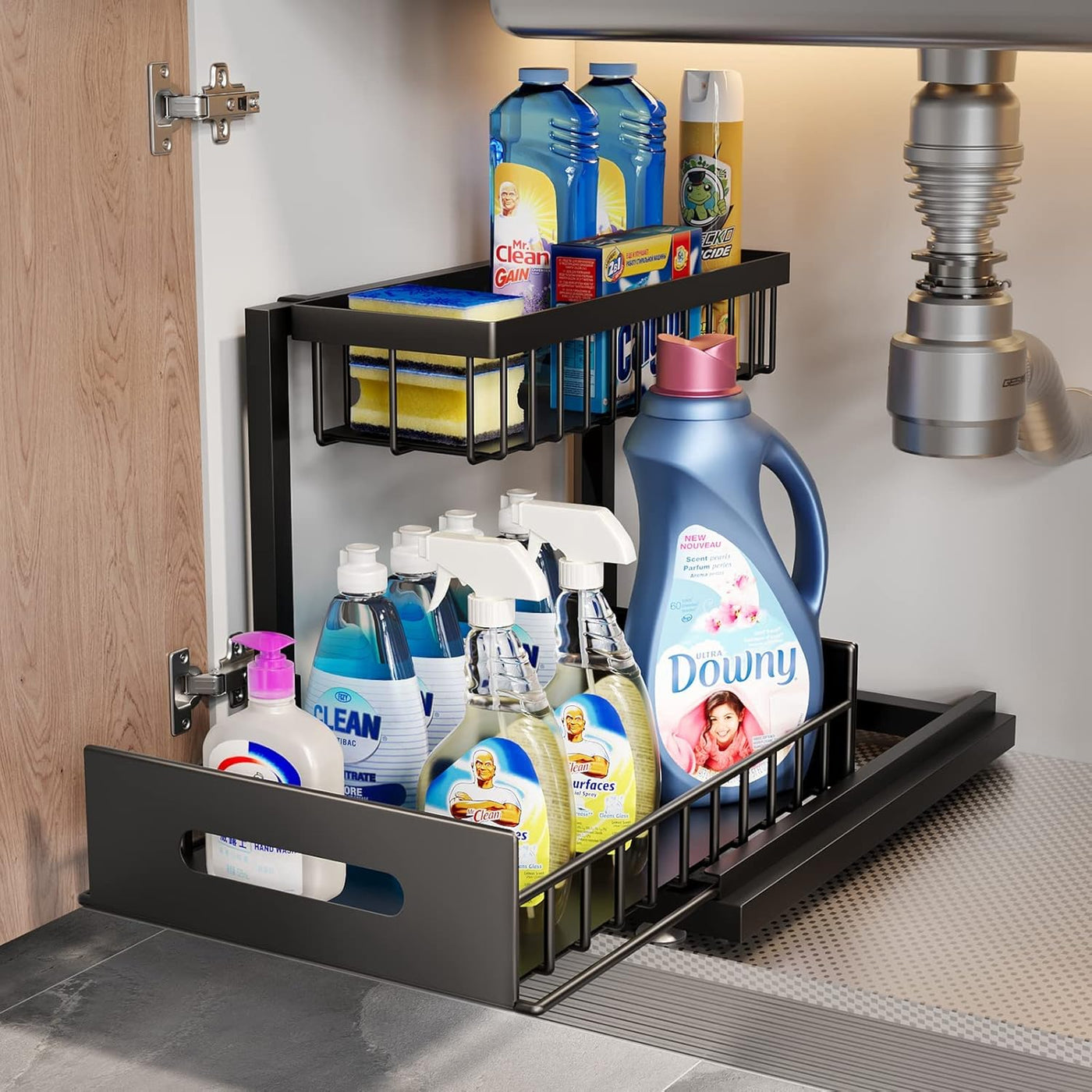 2-Tier Metal Under Sink Storage Organizer with Sliding Drawer & Suction Cups