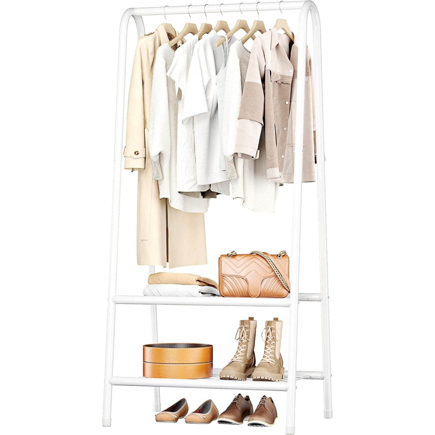 A white metal clothes rail with two shelves, displaying various garments and accessories.