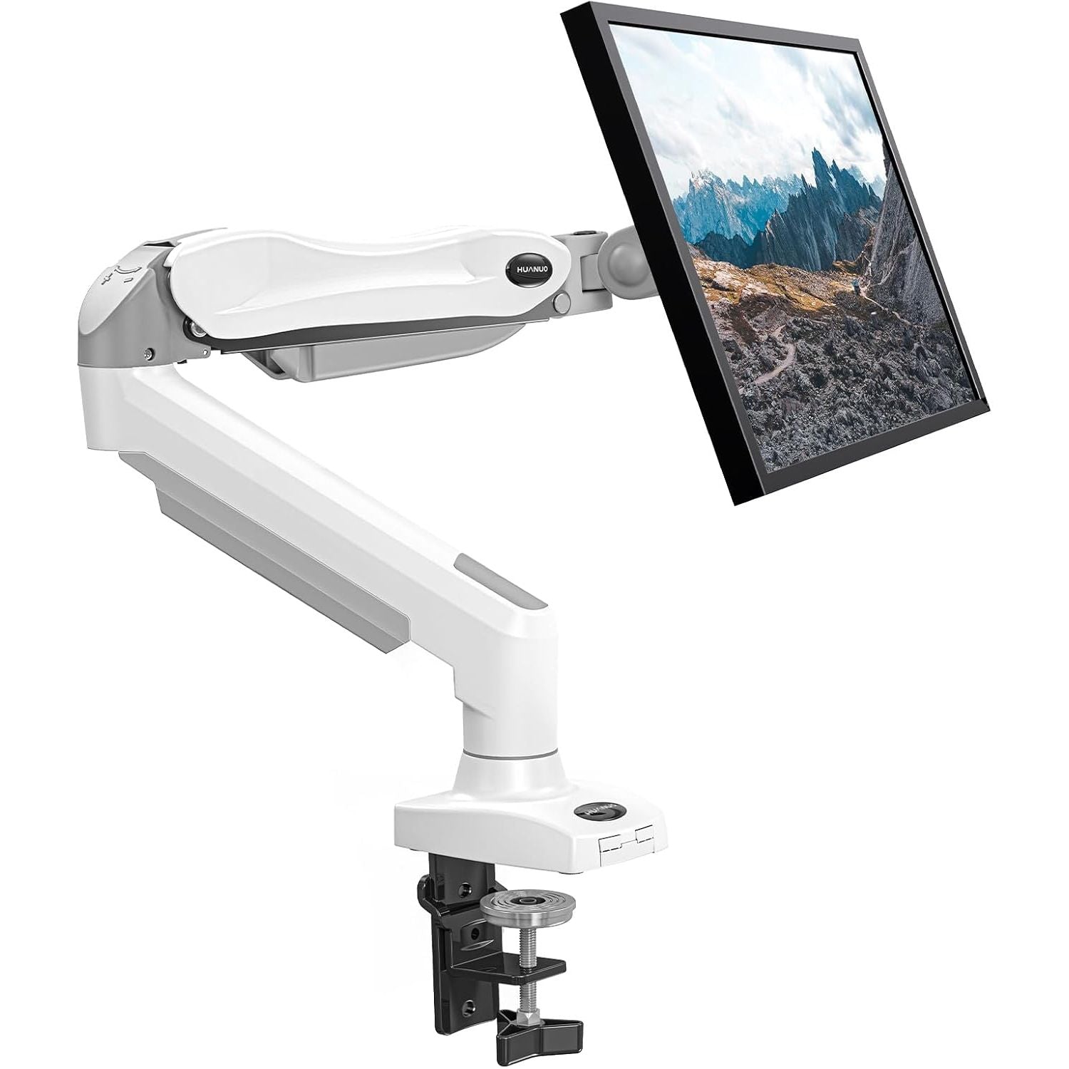 White monitor arm with a mounted screen displaying a mountainous landscape on a white background