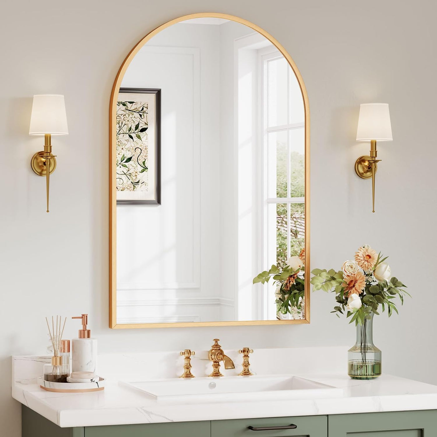 Arched Wall Mirror Gold 50x75cm Wall Mounted Leaning Bathroom Dripex