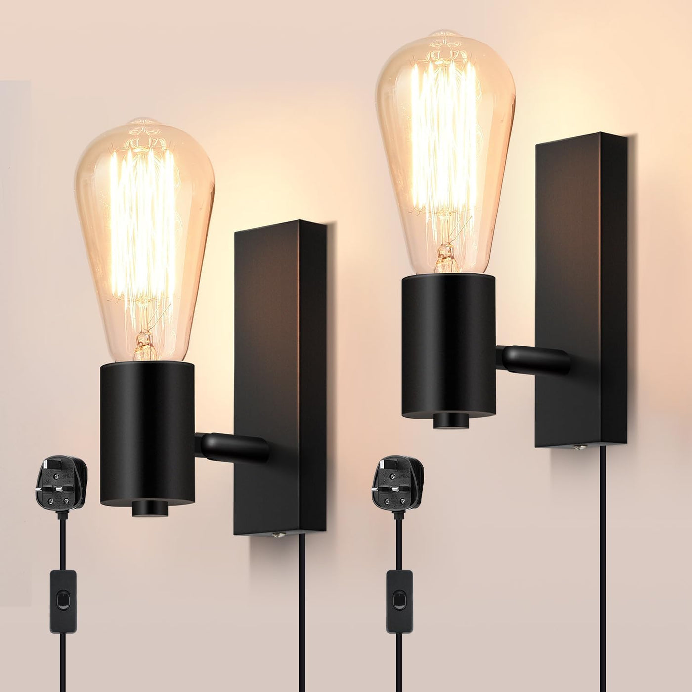 Two black wall-mounted lights with exposed bulbs on a neutral background