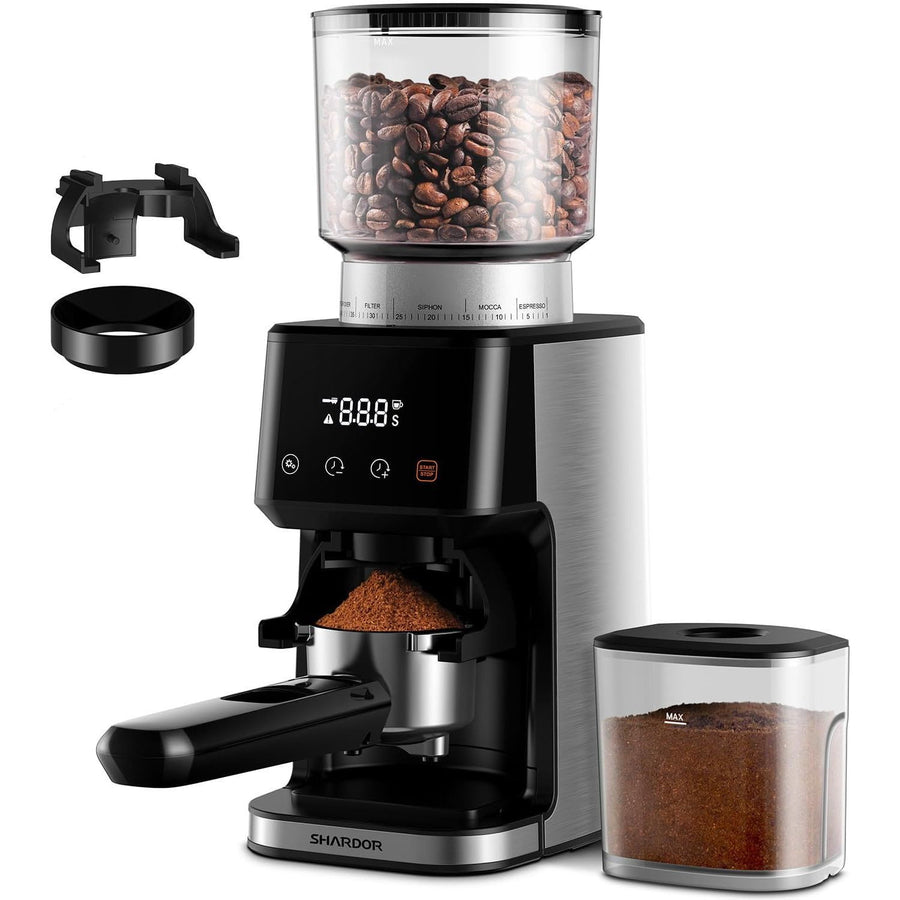 Coffee grinder with digital display, bean container, and ground coffee container on a white background