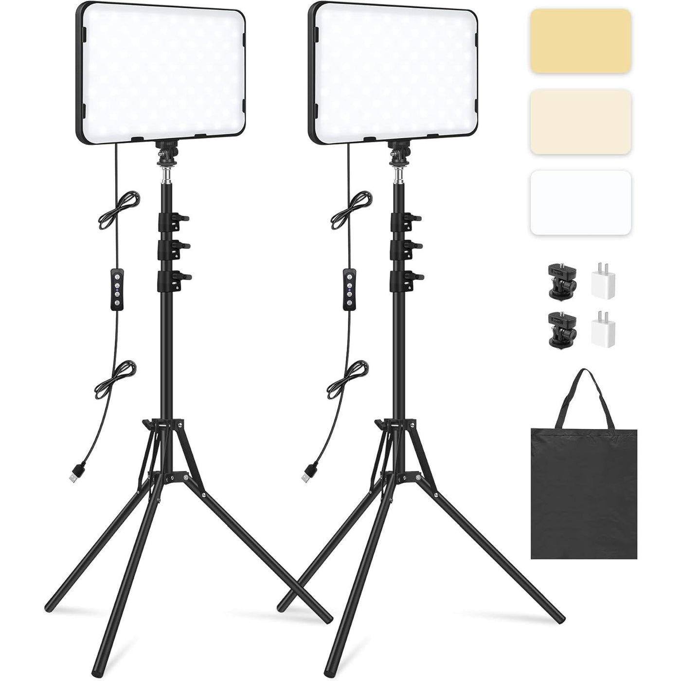 Two LED video lights with stands and accessories on a white background