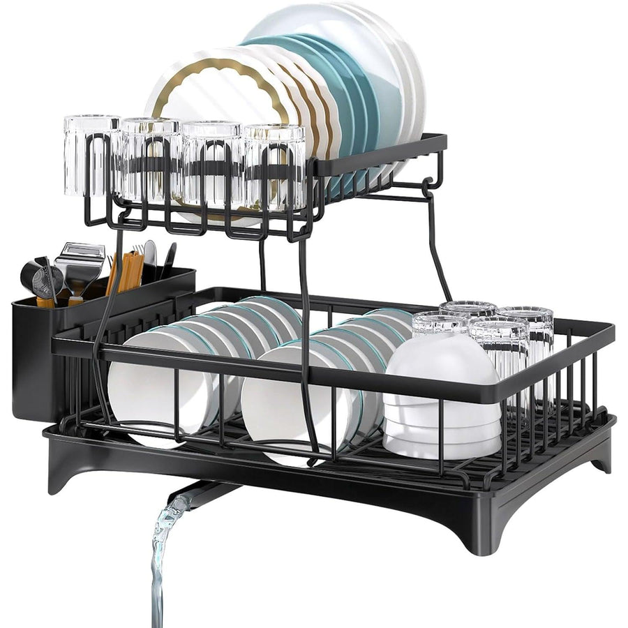 2-Tier Dish Drying Rack: Black Kitchen Storage with Cup Holder, Easy to Clean - Massive Discounts