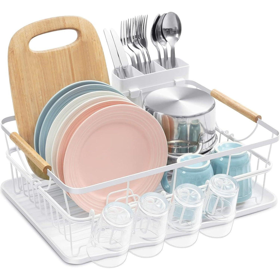 KINGRACK Dish Drainer with Drip Tray & Wooden Handles Cutlery Holder - Massive Discounts