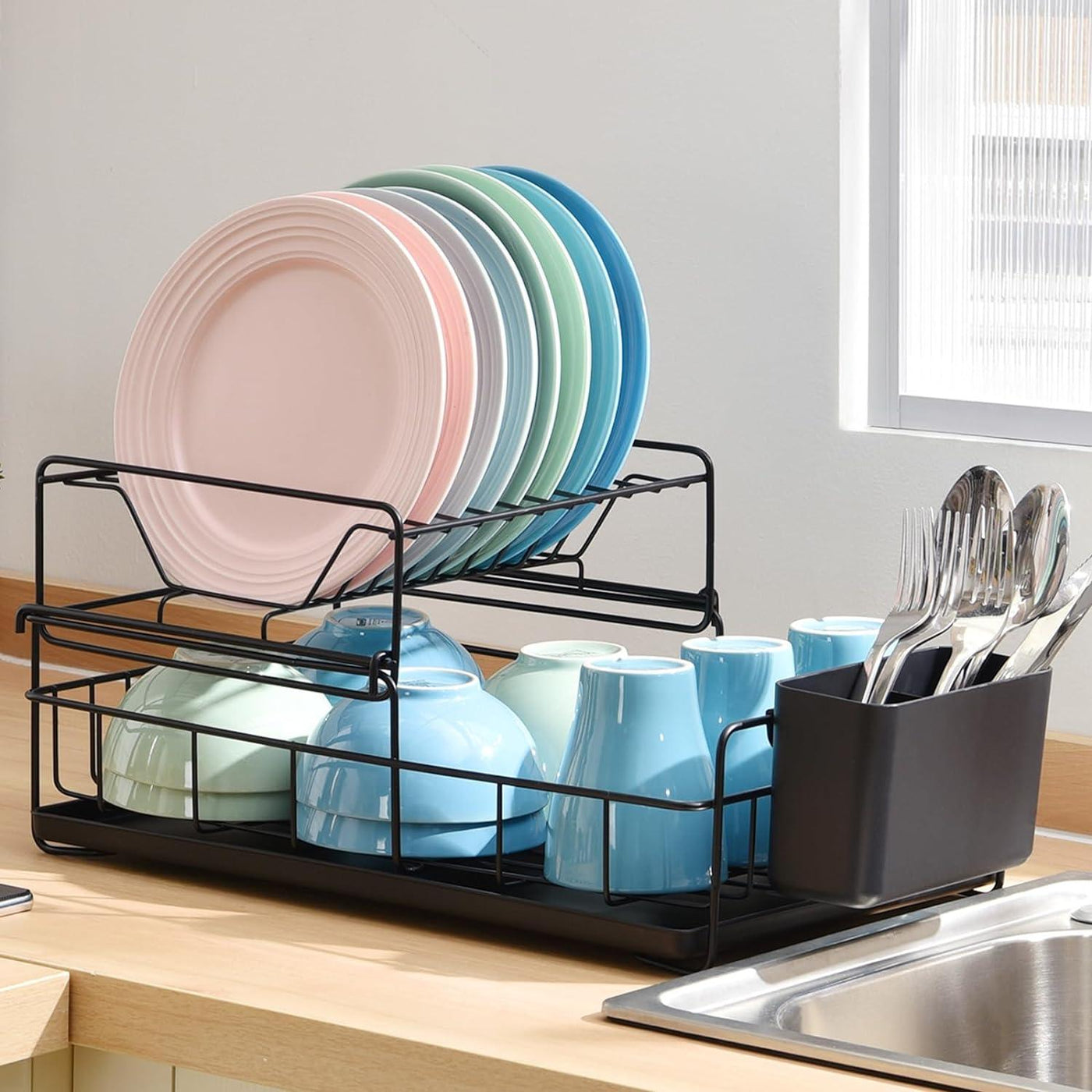 KINGRACK 2 Tier Dish Drainer Rack with Removable Cutlery Holder & Drip Tray - Massive Discounts