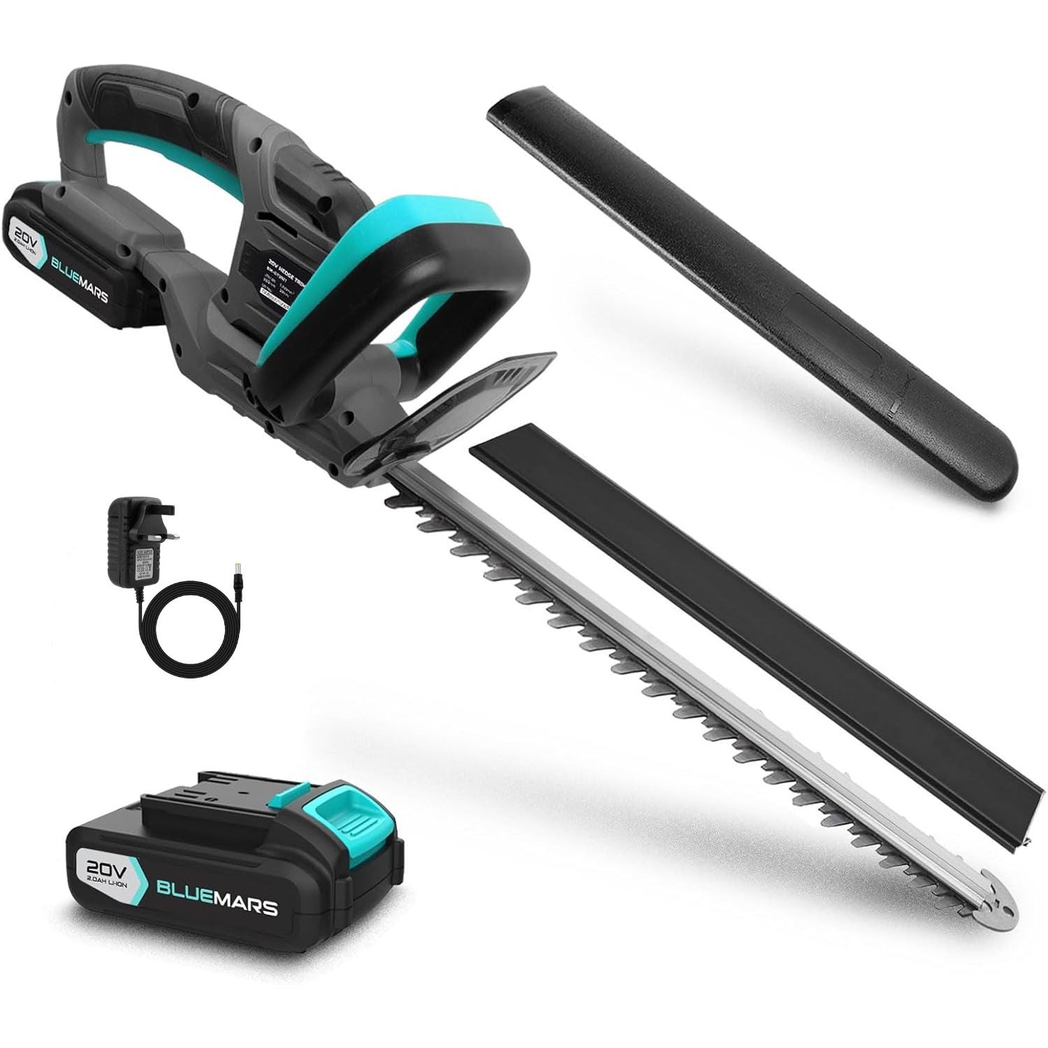 BlueMars cordless hedge trimmer with battery and charger on a white background