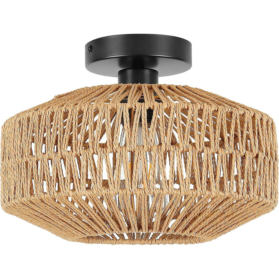 Schindora Boho Rattan Ceiling Light – E27 Rustic Braided Lamp Shade