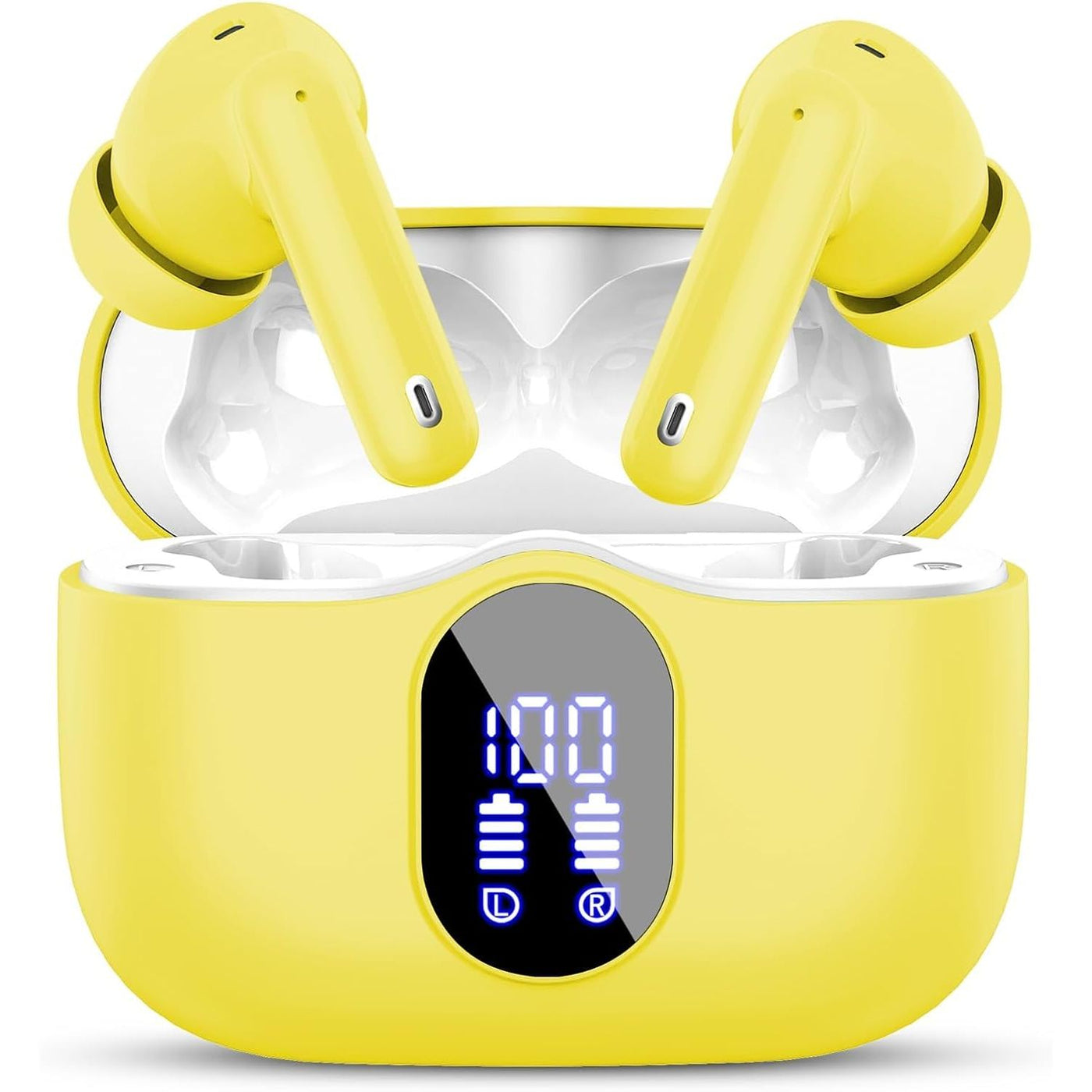 Yellow wireless earbuds with charging case on a white background