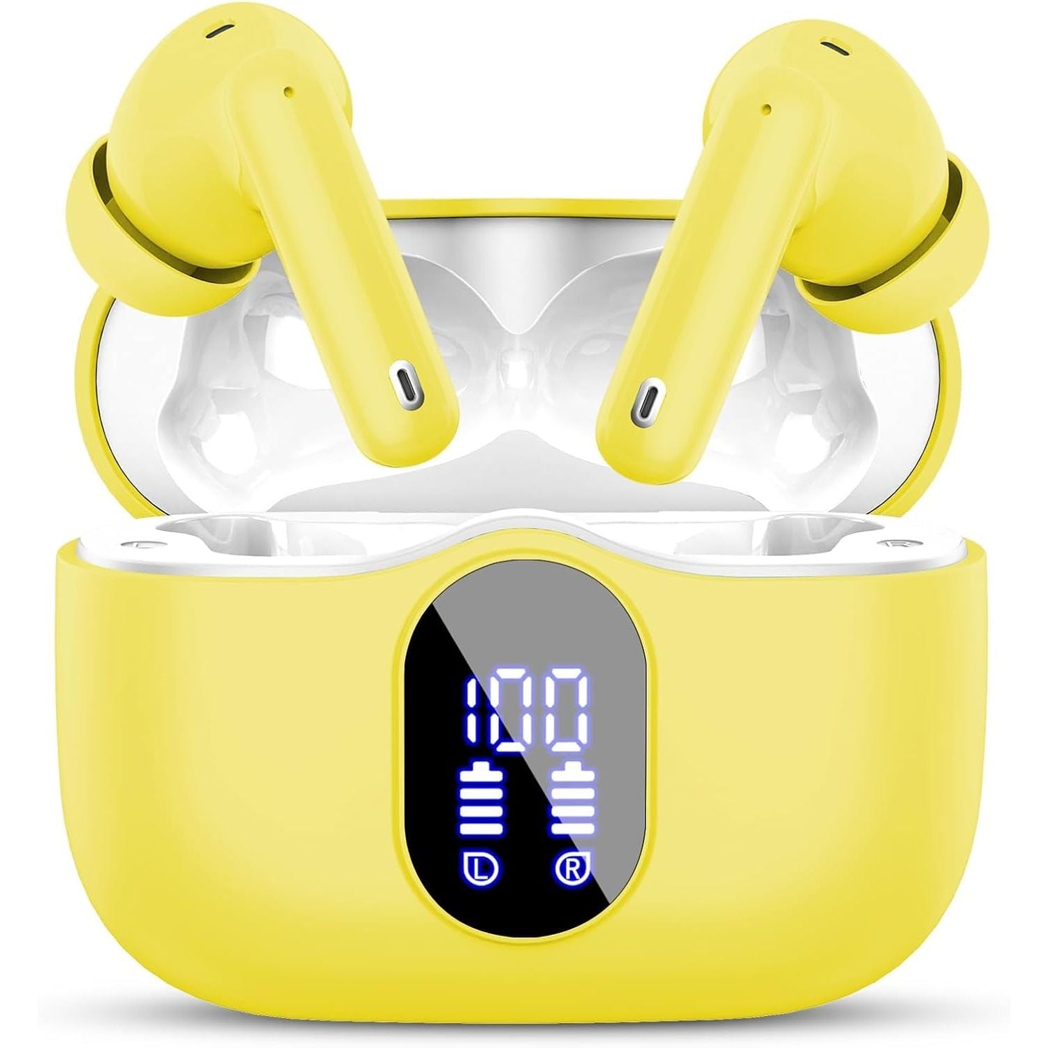 Yellow wireless earbuds with charging case on a white background