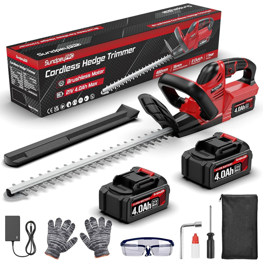 Cordless hedge trimmer set with packaging, battery, charger, gloves, safety glasses, and accessories on a white background.