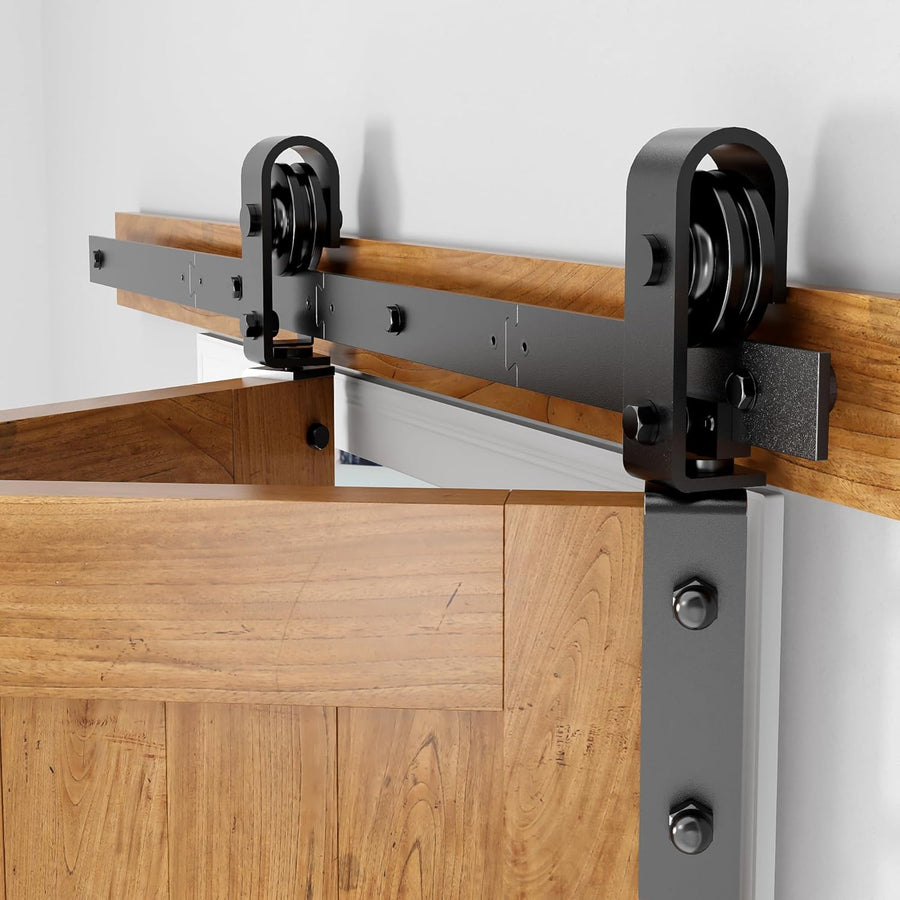 Wooden sliding door mechanism with metal rollers on a white background