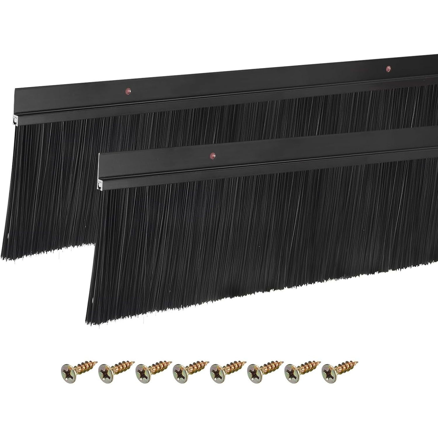 Two black brush strips with screws on a white background
