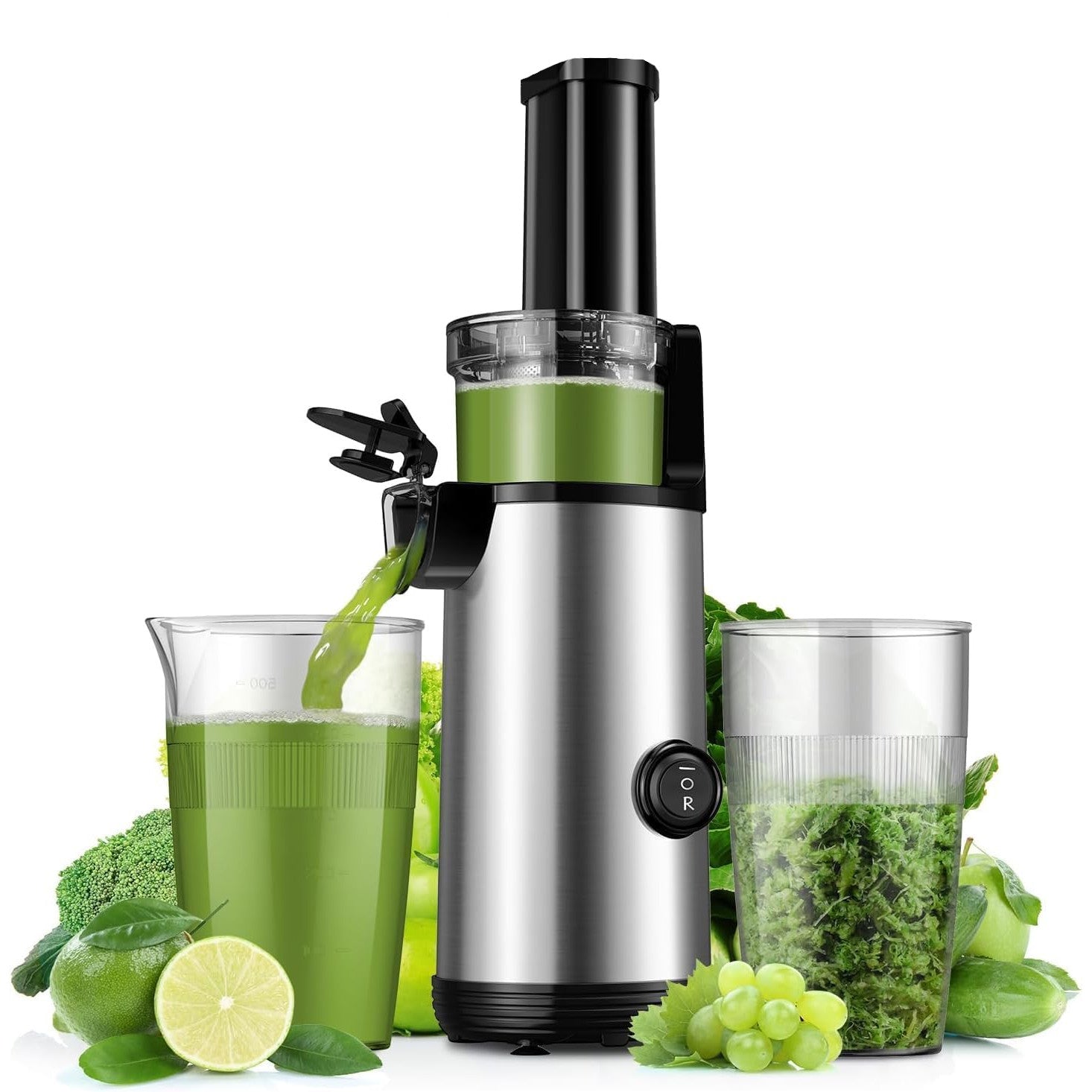 Juicer with green juice and ingredients on a white background