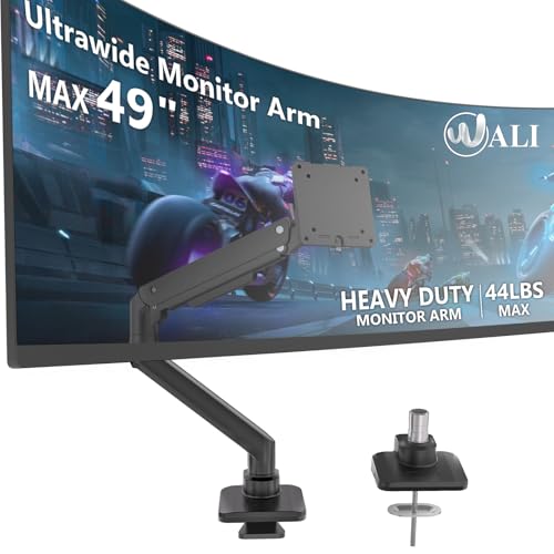 WALI Single Monitor Arm for 17 to 49 Inch Heavy Duty Curved Screens, Ultrawide Monitor Arm, Holds up to 20 kg, Adjustable Monitor Desk Mount with VESA 75 & 100mm Black