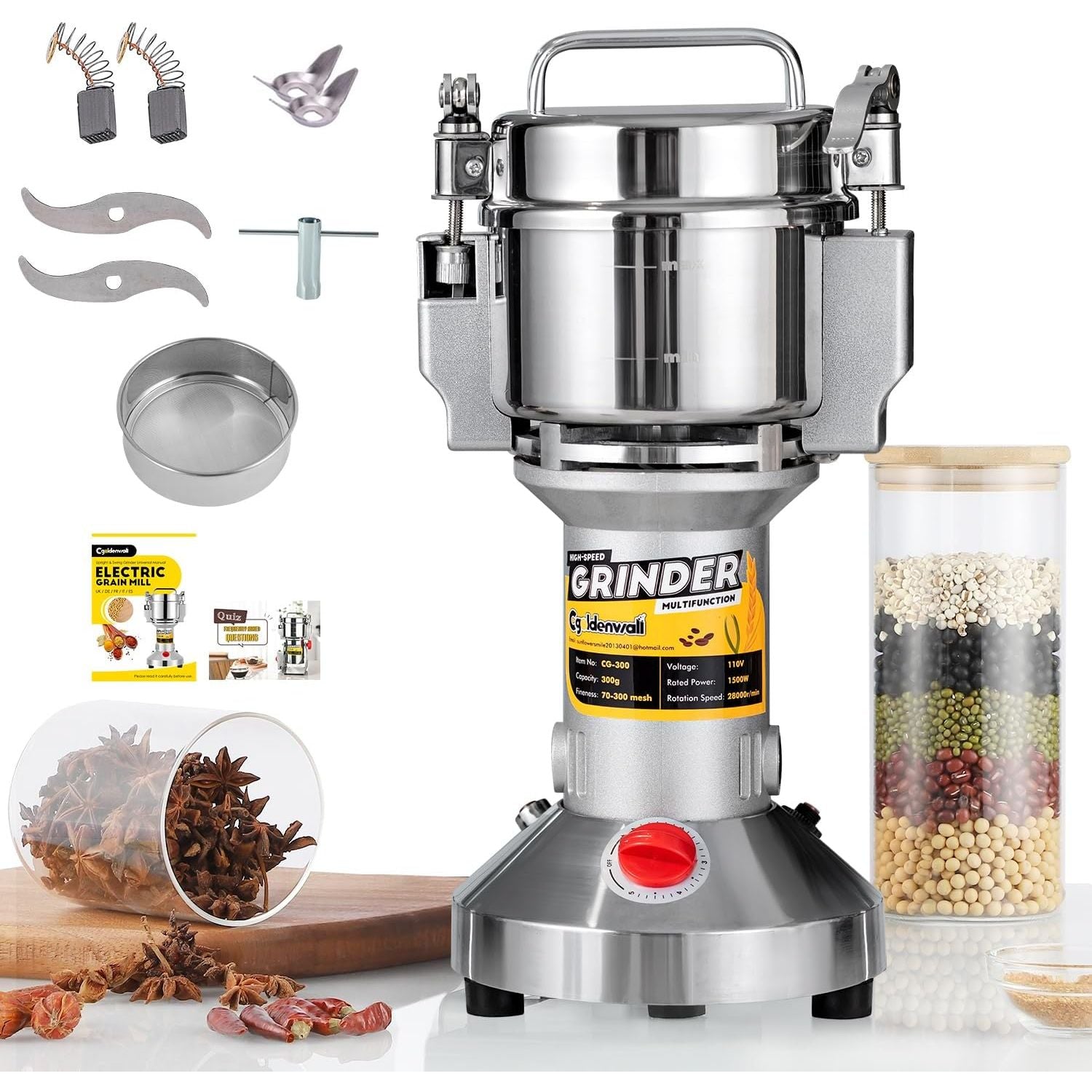 Electric Grain Grinder 300g Herb & Spice Mill with Safety Stop 220V CGOLDENWALL