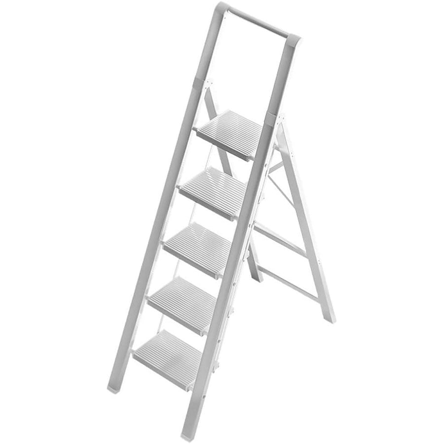 HBTower 5 Step Ladder, Aluminium, Handrails, Foldable, 150kg Capacity, White - Massive Discounts