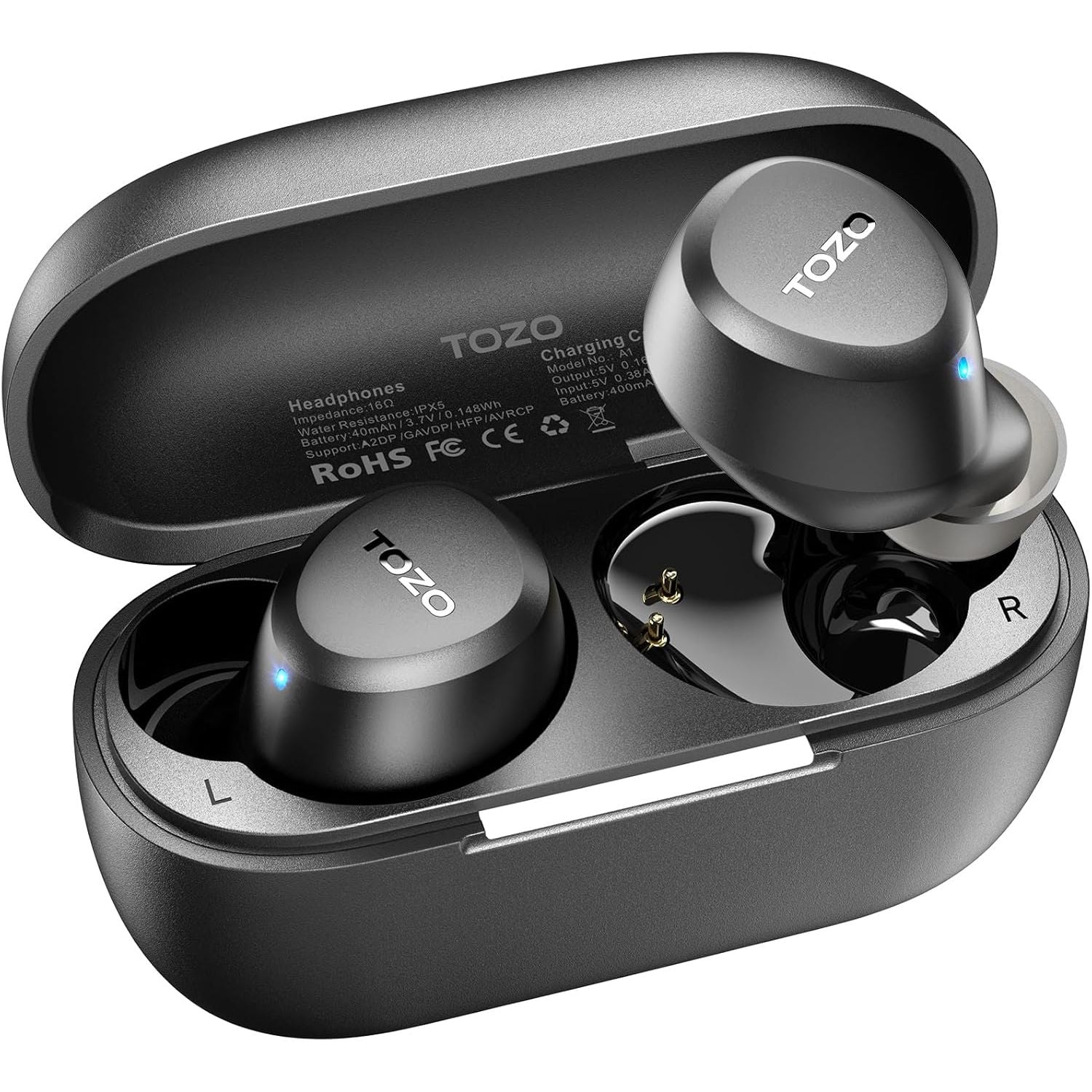 True wireless earbuds with charging case on a white background