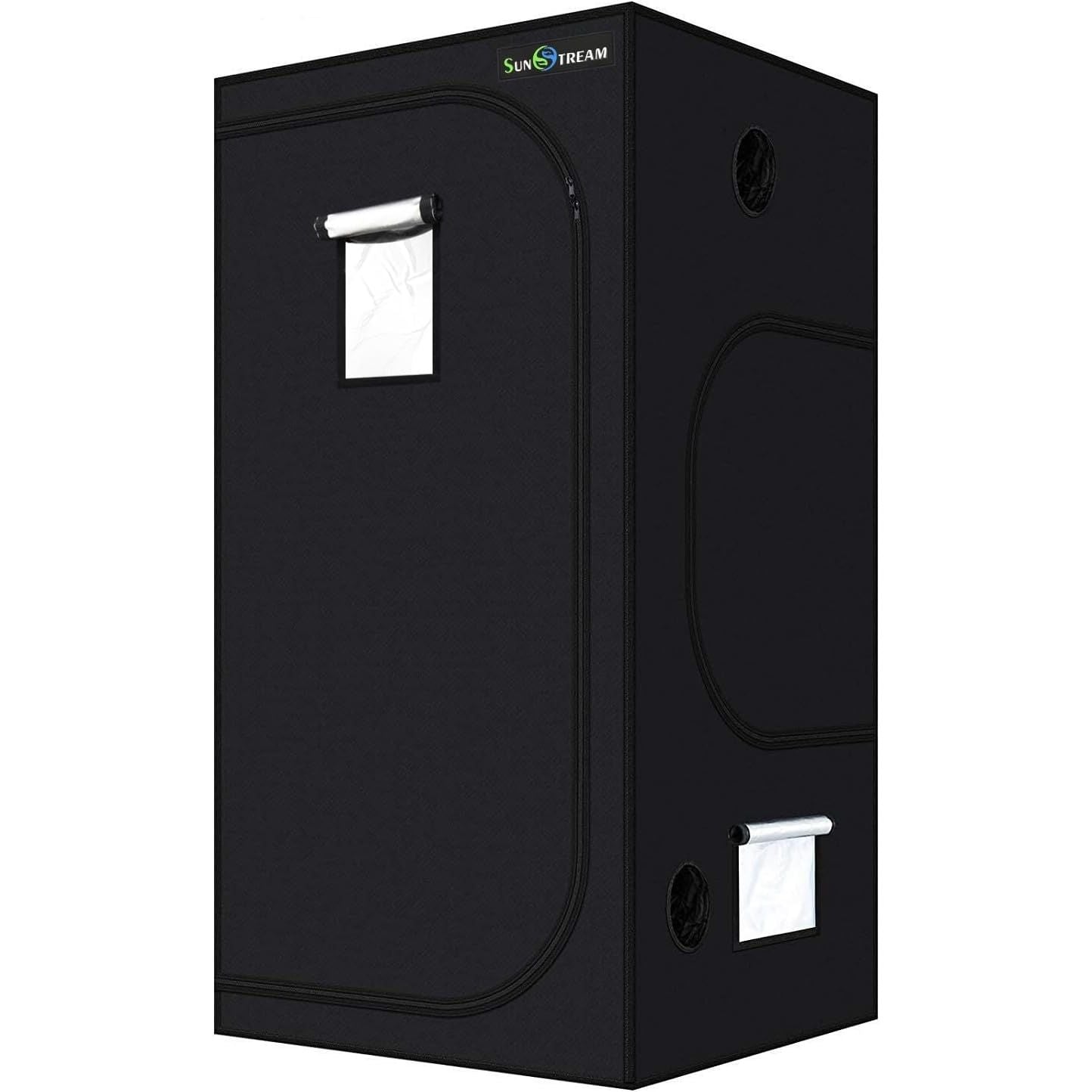 Black grow tent with a window on a white background