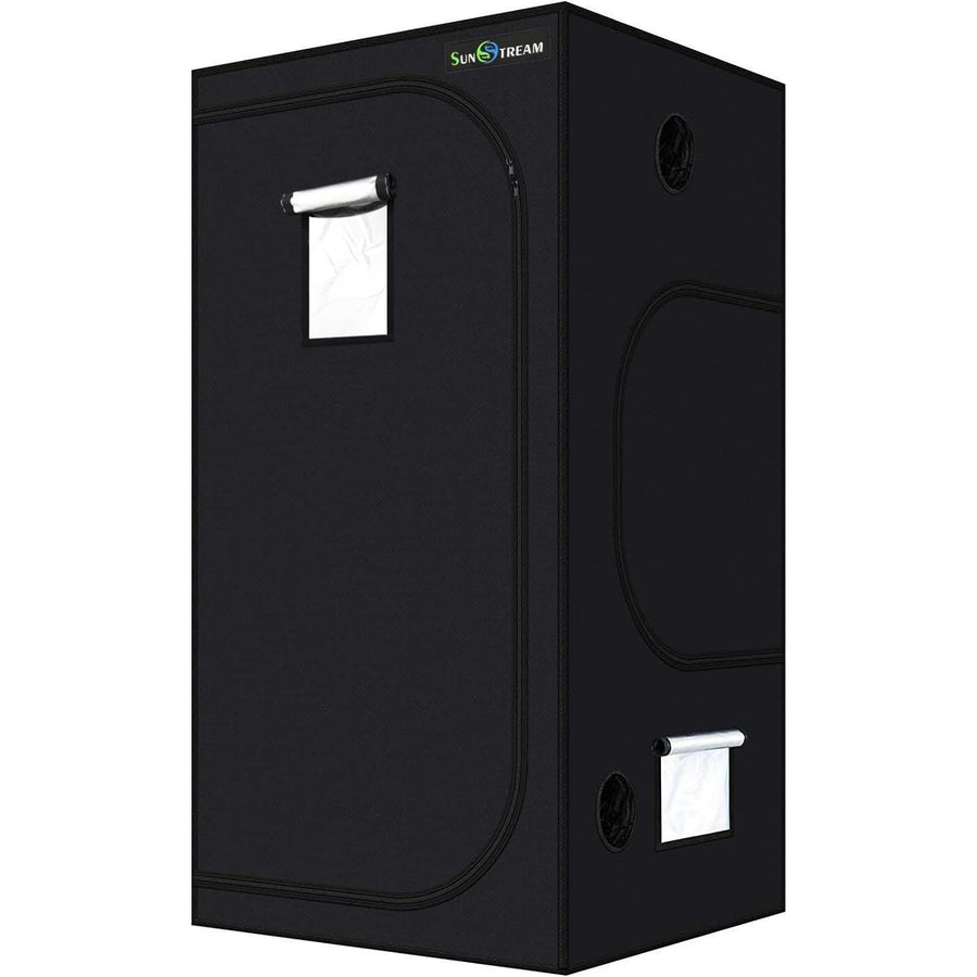 Black grow tent with a window on a white background