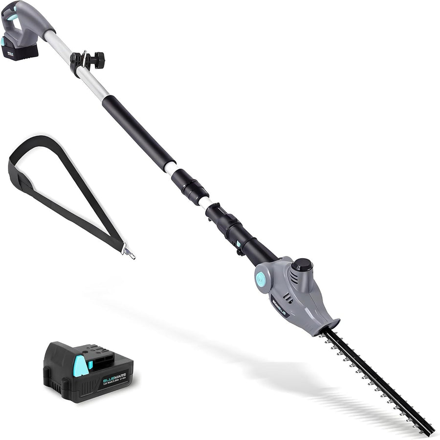 Gardening tool with adjustable arm and battery pack on a white background